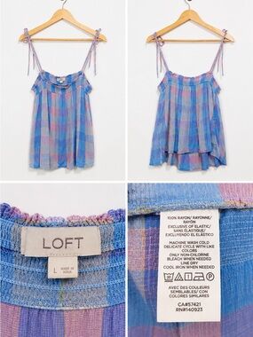 LOFT Pastel Plaid Tie Strap Smocked Tank Top Size L